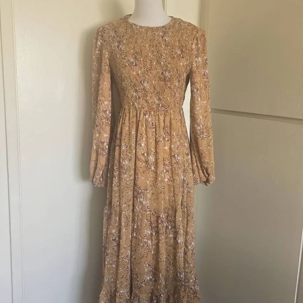 Lorraine Beige Chiffon w/ Mini Floral Prt. Gold Threads, Bohemian Dress, NWT, 12